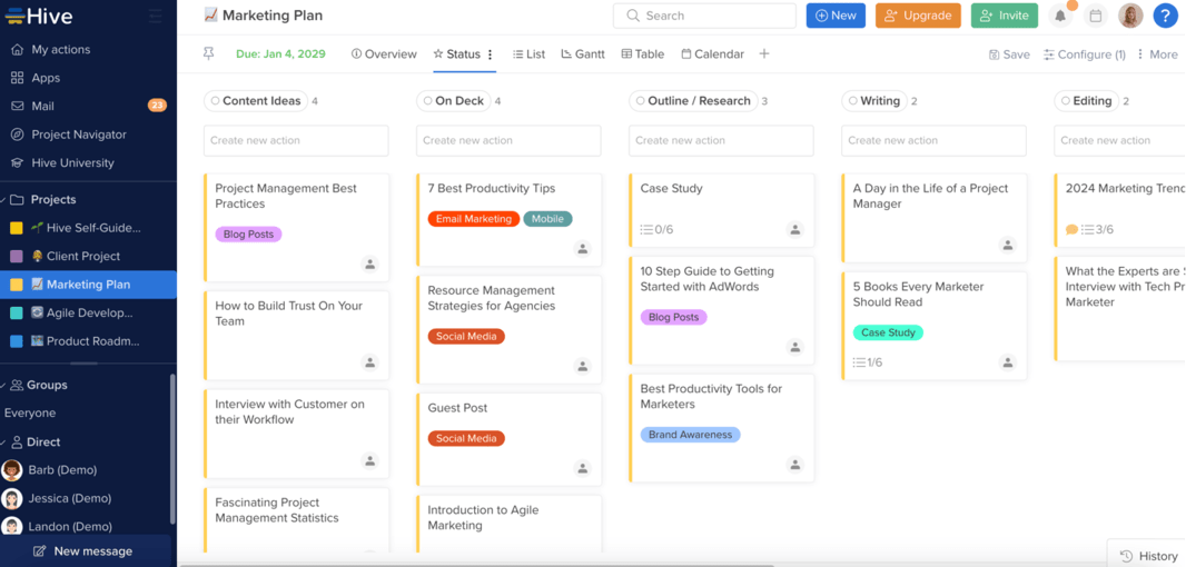 Project board shown in Hive project collaboration software