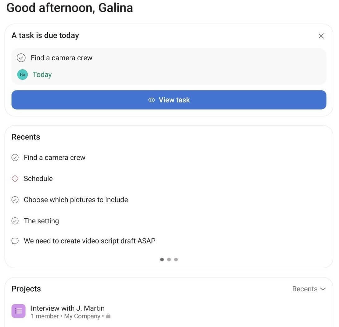 Home page shown in Asana task management software