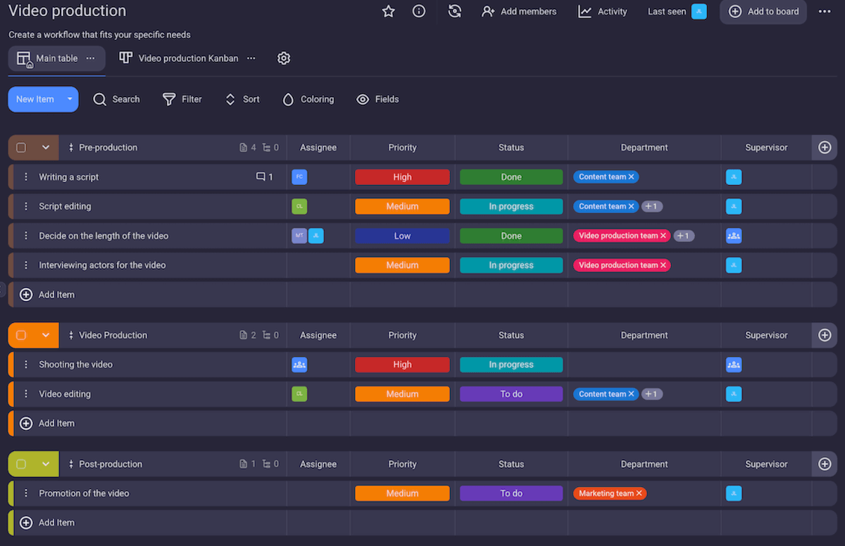 Video production project board in Plaky project management software