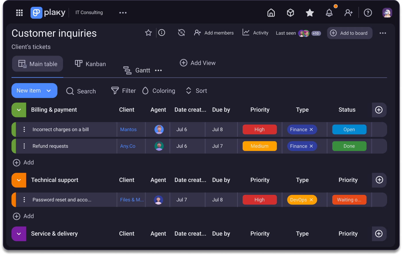 A customer inquiries template board shown in Plaky project management software