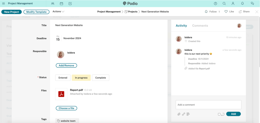 Handling projects in Podio project management software