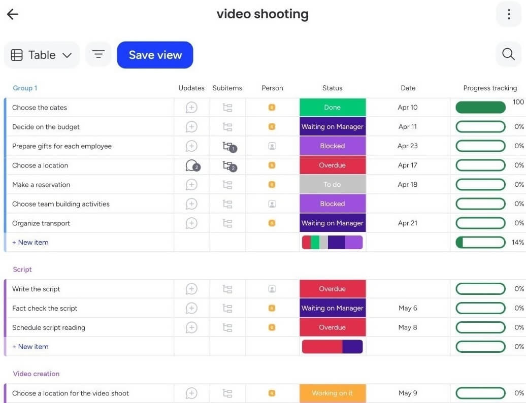 Table view in monday.com task management software