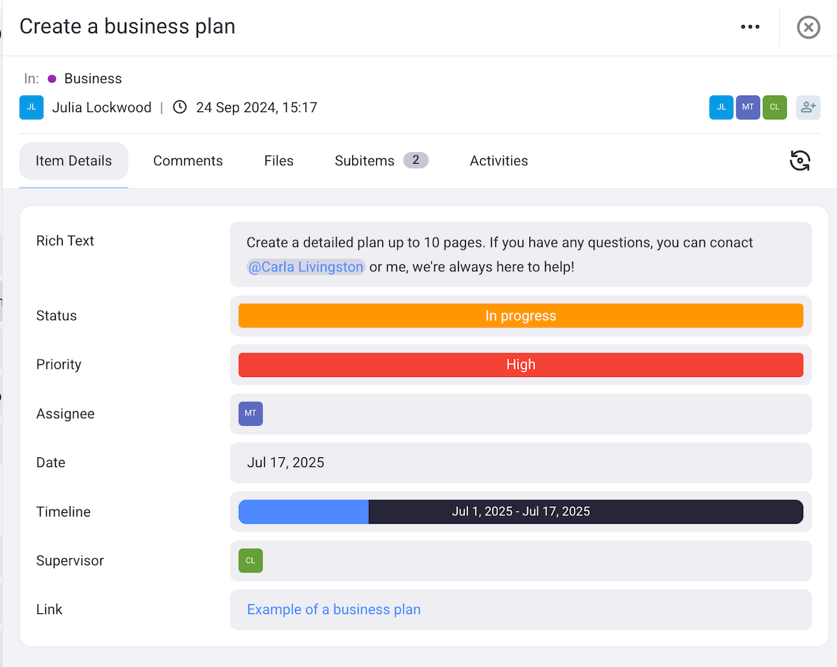 Example of an item card in Plaky task management software