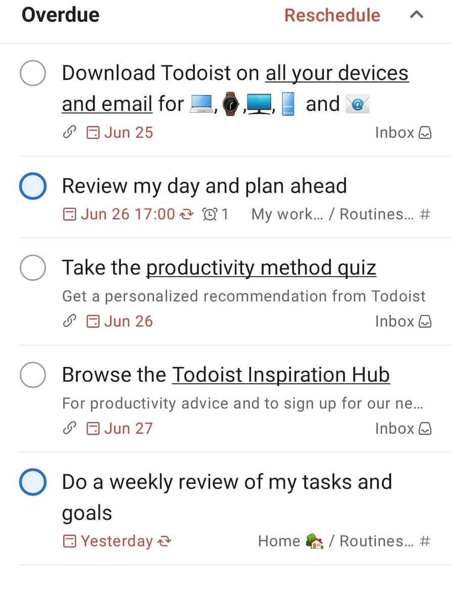 Task list shown in Todoist task management software