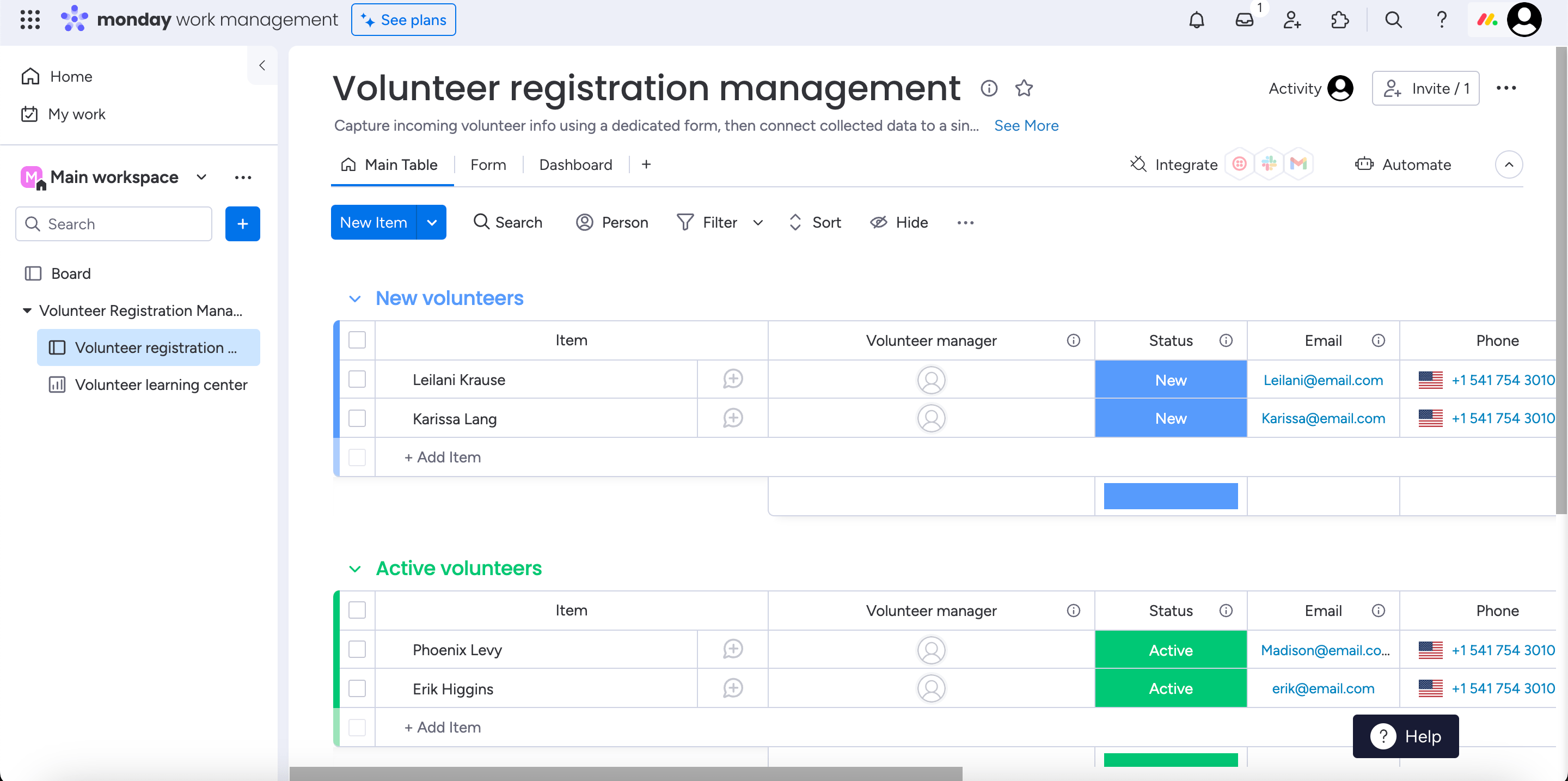 Volunteer registration management template in Monday, source: Monday