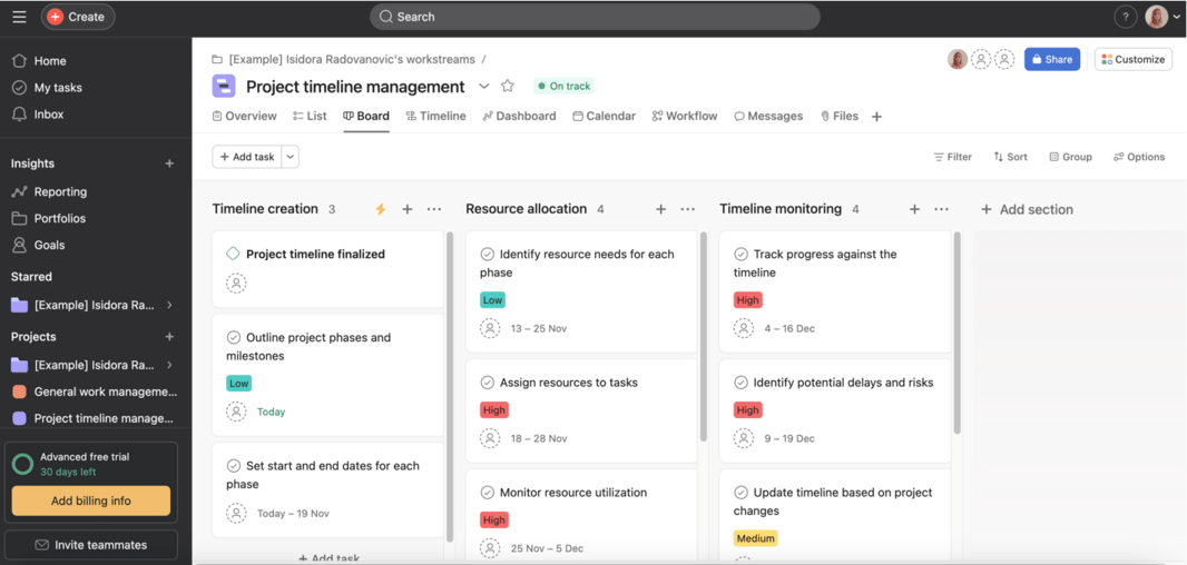 Project board shown in Asana project collaboration software