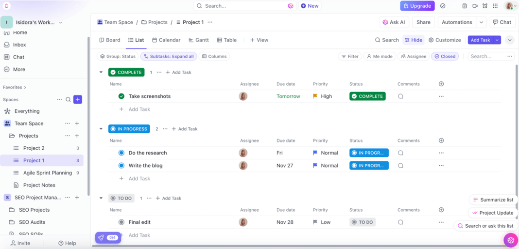 List-based project board shown in ClickUp project collaboration software