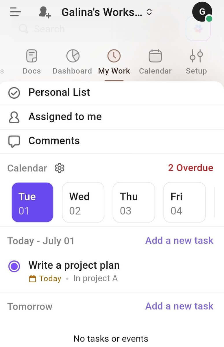 My Work section shown in ClickUp task management software