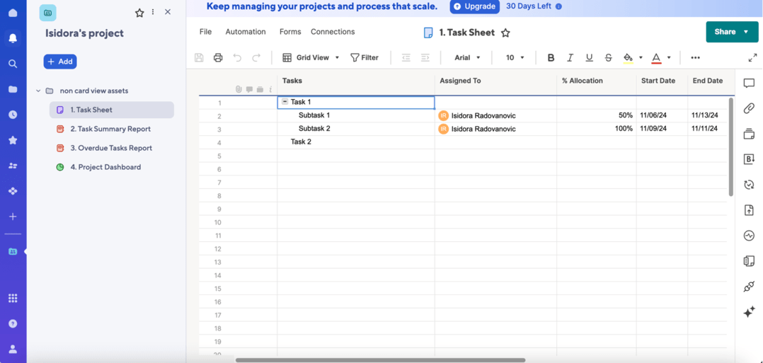 Project tasks shown in Smartsheet project collaboration software