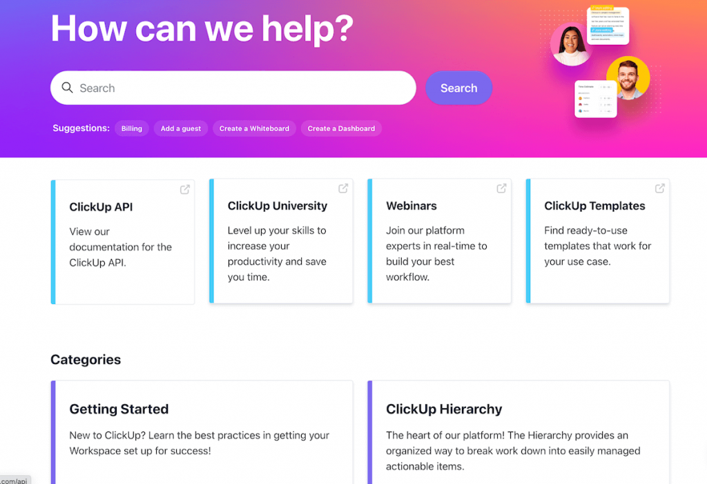 ClickUp’s Help Center page (source: ClickUp)