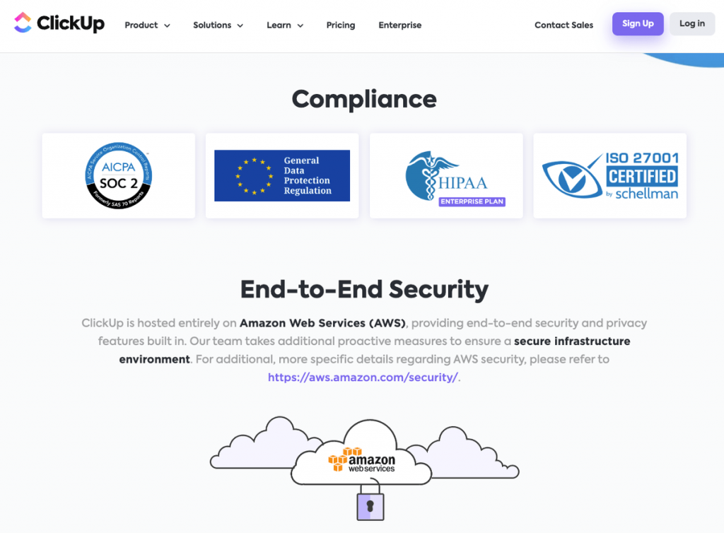 ClickUp’s security policy and compliance page (source: ClickUp)