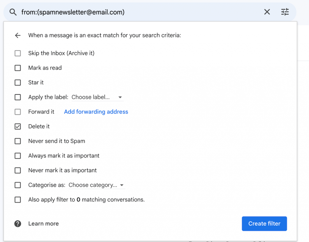 Creating a filter in Gmail