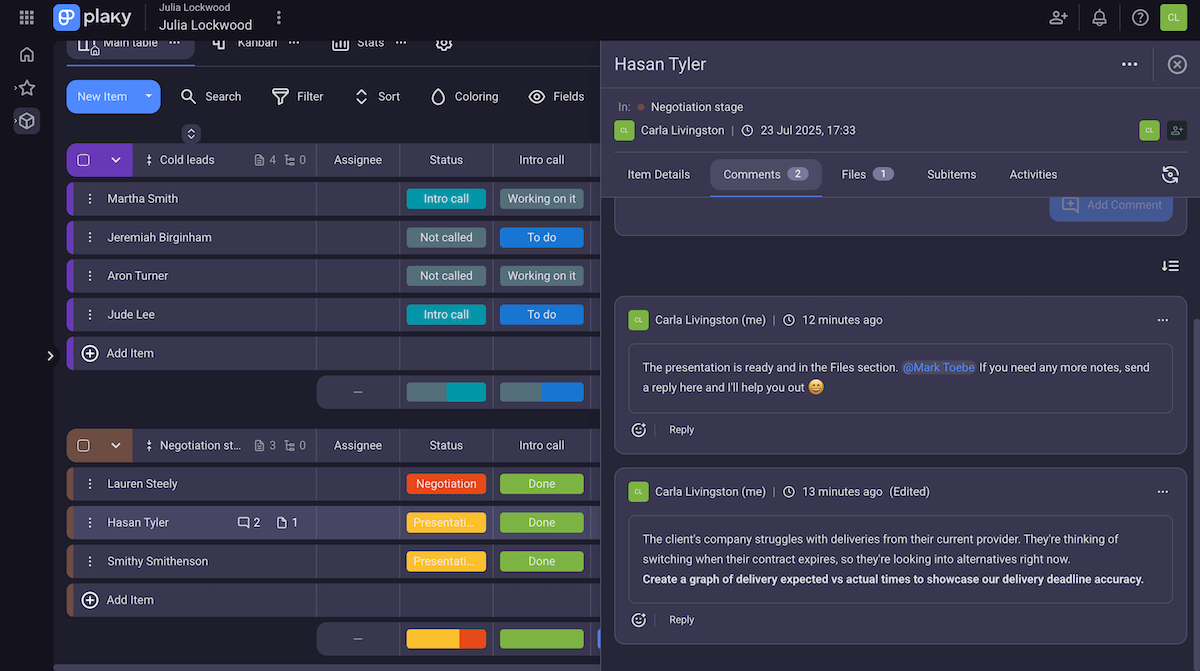 Comments section in Plaky project management software