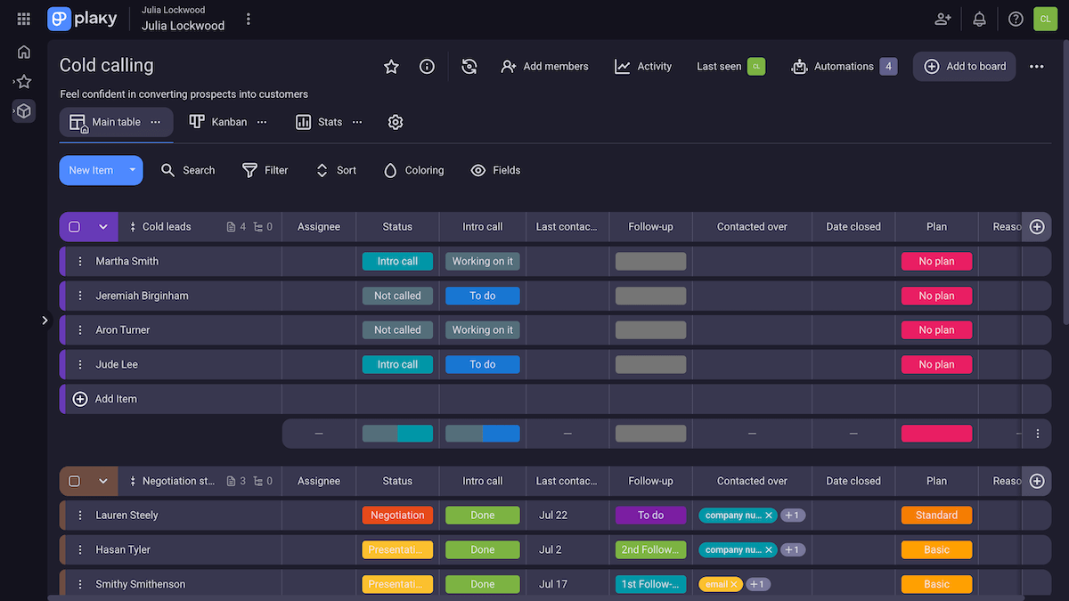 Cold calling board in Plaky project management software