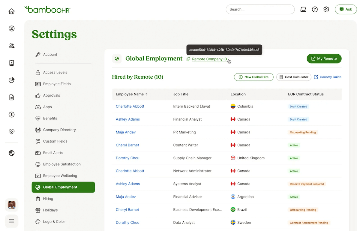 Global employment BambooHR screen