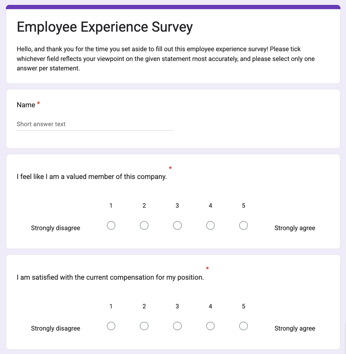 Google Forms survey example