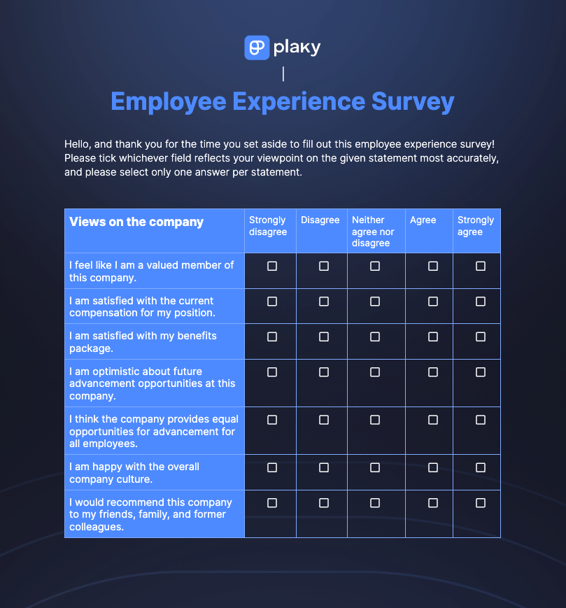 Plaky employee experience survey template