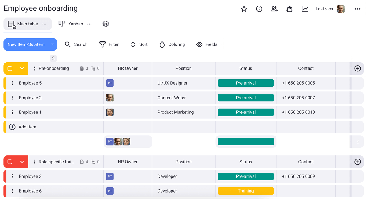 Employee onboarding template shown in Plaky project management software