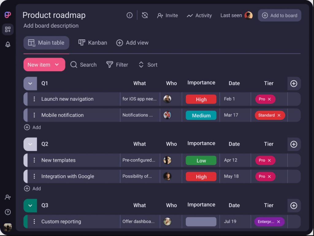 Product roadmap template in Plaky