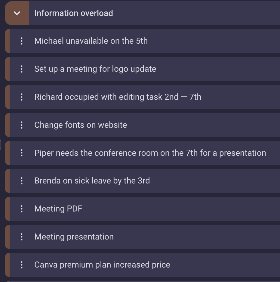 Unsorted information in Plaky