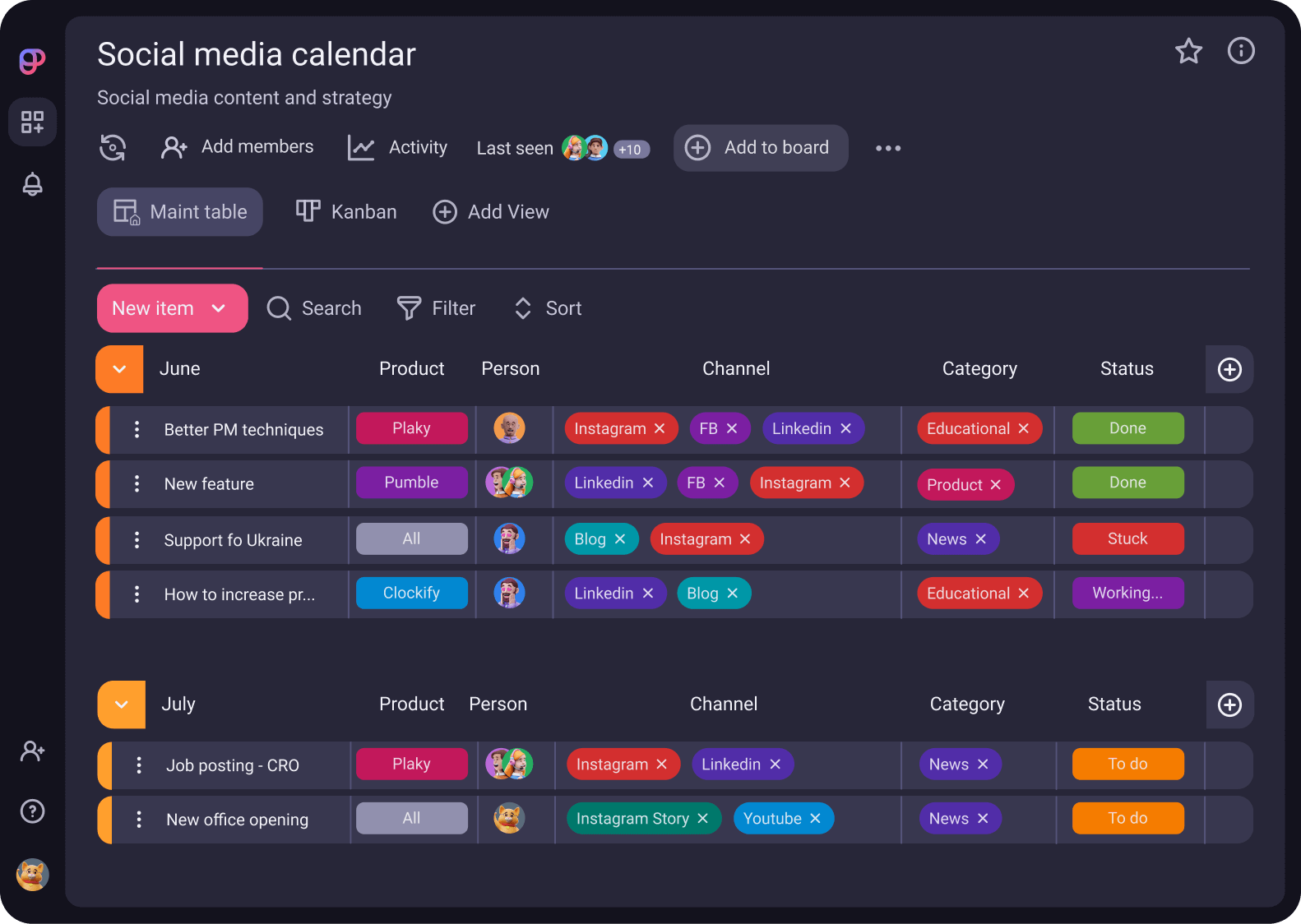 Social media calendar template in Plaky project management tool
