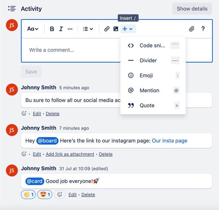 Communication within a Trello card