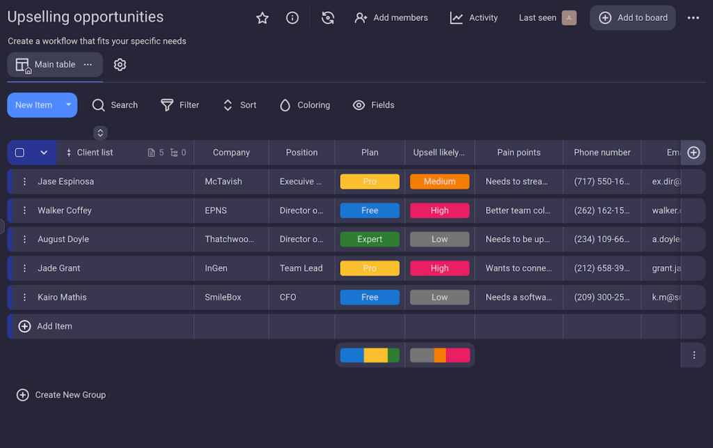 Tracking upselling opportunities in Plaky project management software