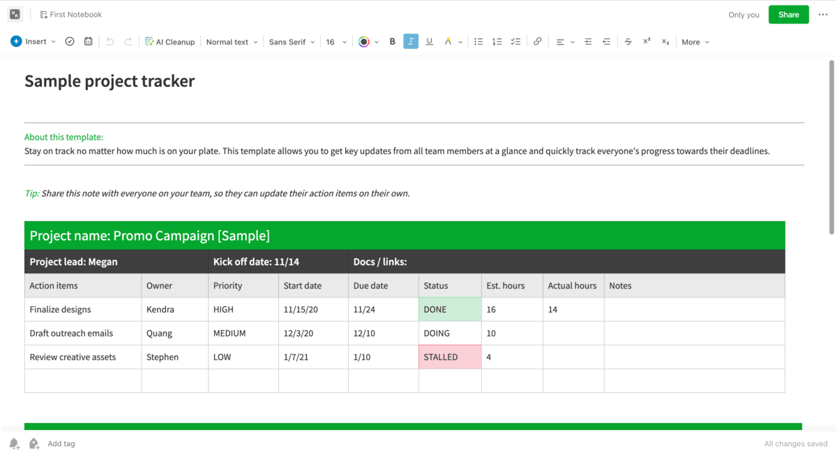 Evernote project tracker template 