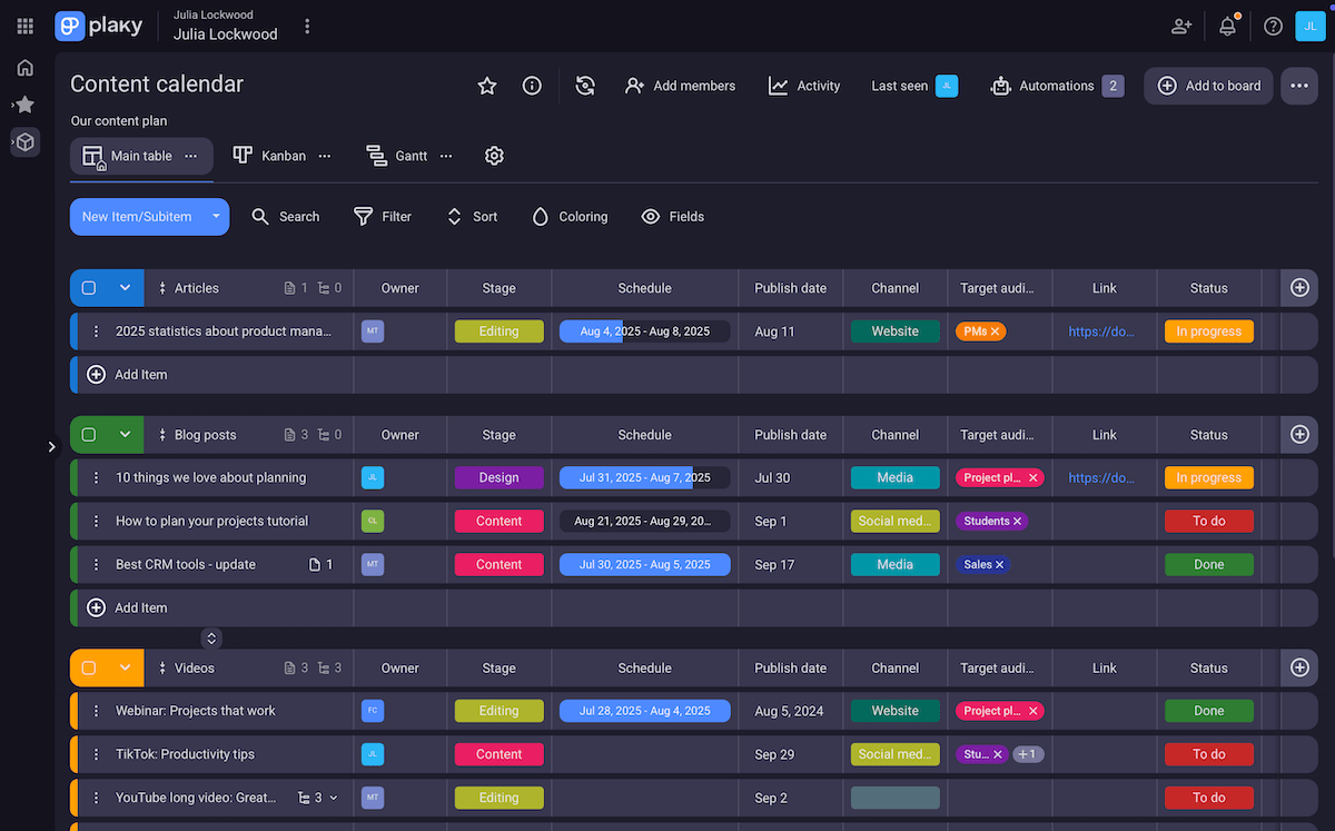 Content calendar project board in Plaky project management software