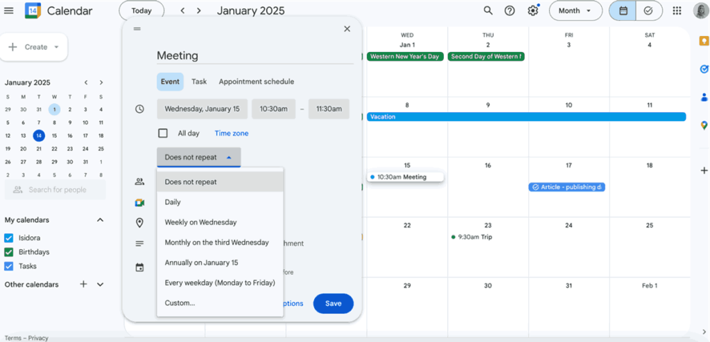 Creating events in Google Calendar