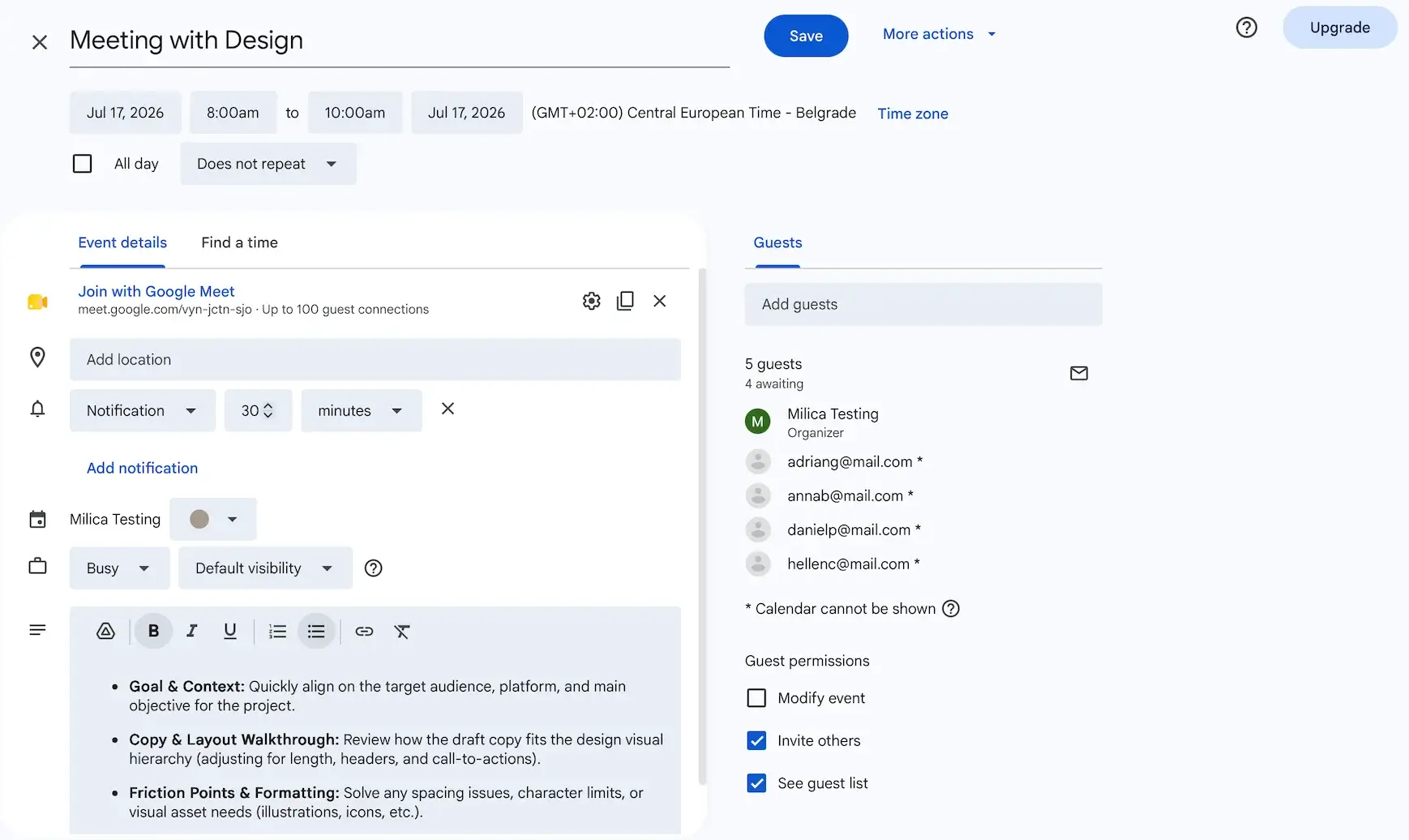 Event details in Google Calendar