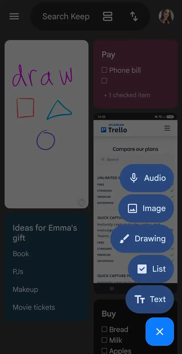 Input options in Google Keep on mobile