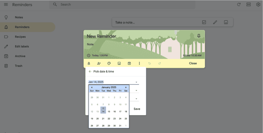 Setting a Reminder in Google Keep