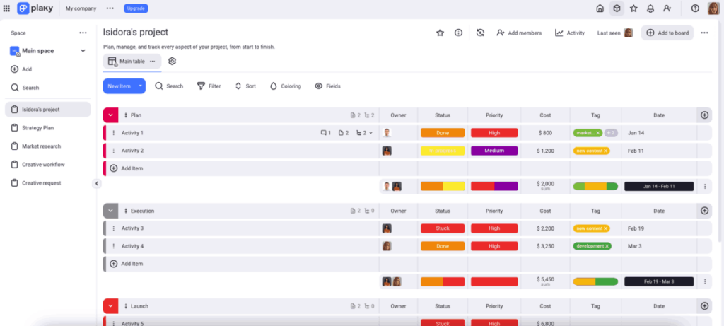 Example of a project board shown in Plaky project management software