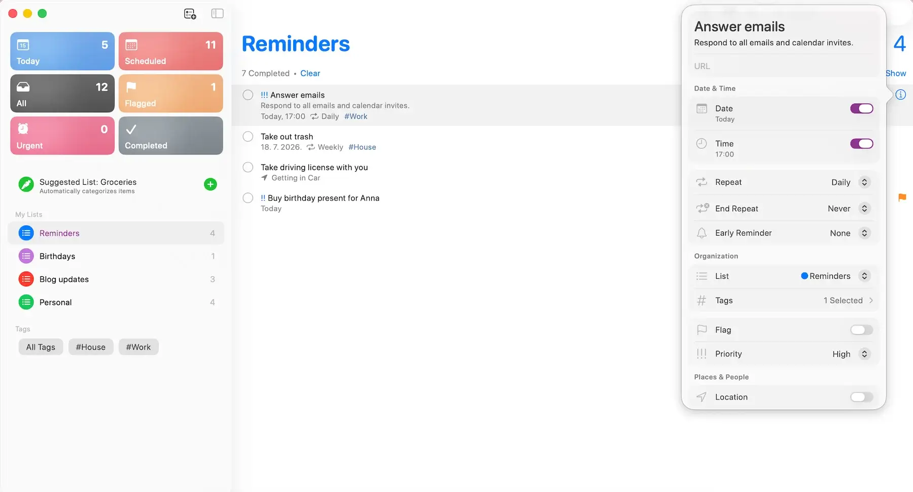 Recurring reminder in Apple Reminders