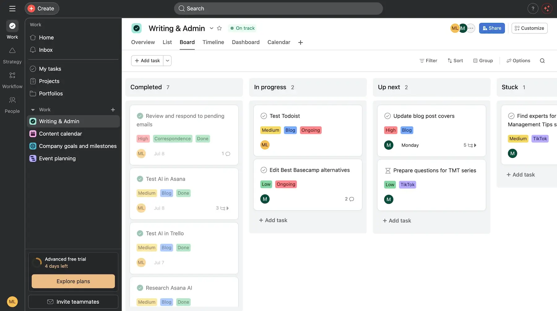 Task board in Asana