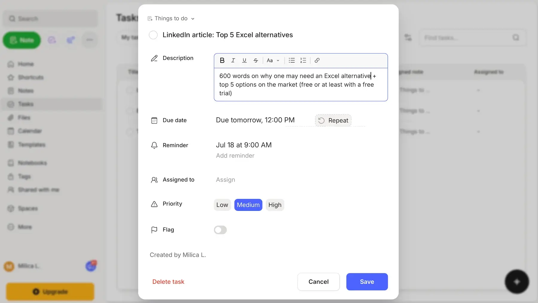 Task details in Evernote
