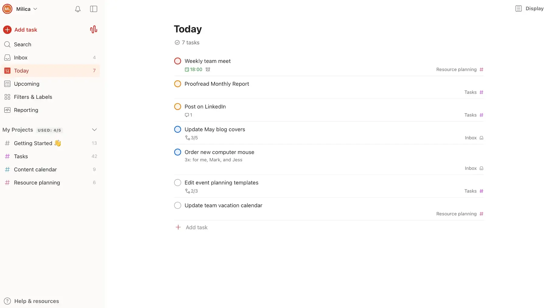 Today's tasks in Todoist