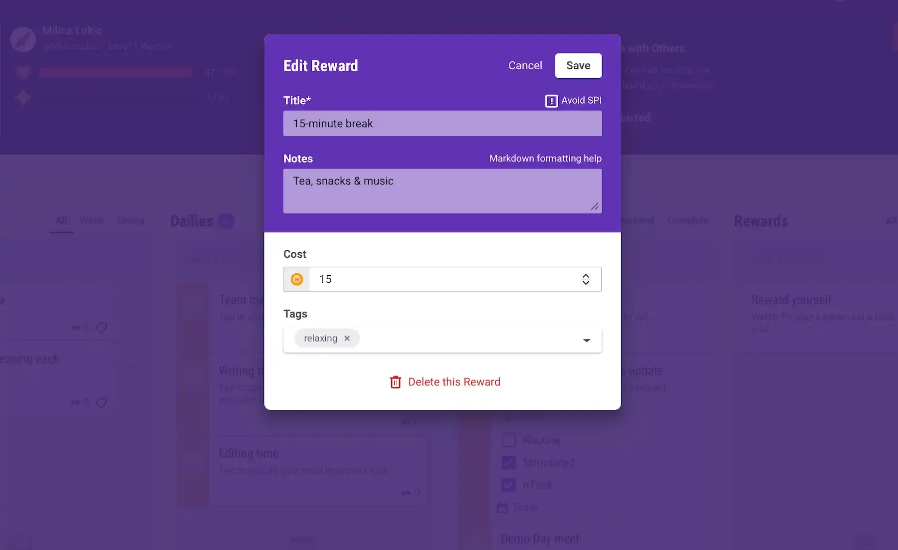 Custom reward in Habitica