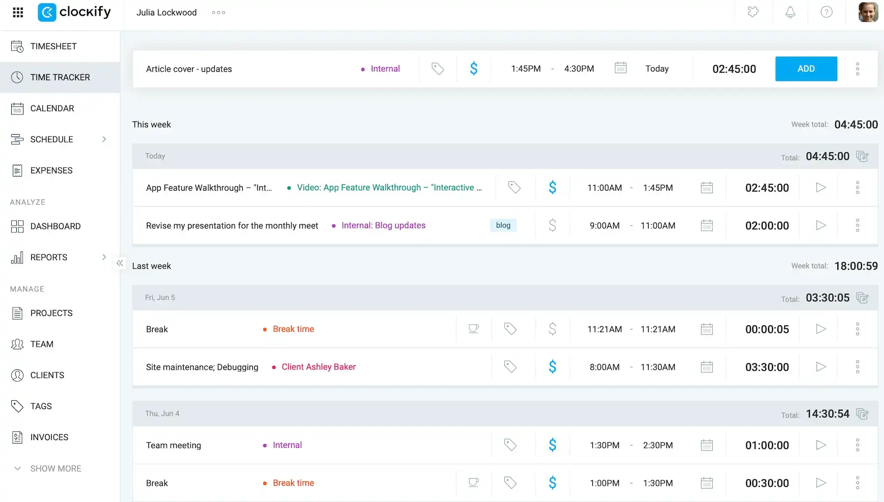 Daily time management in Clockify