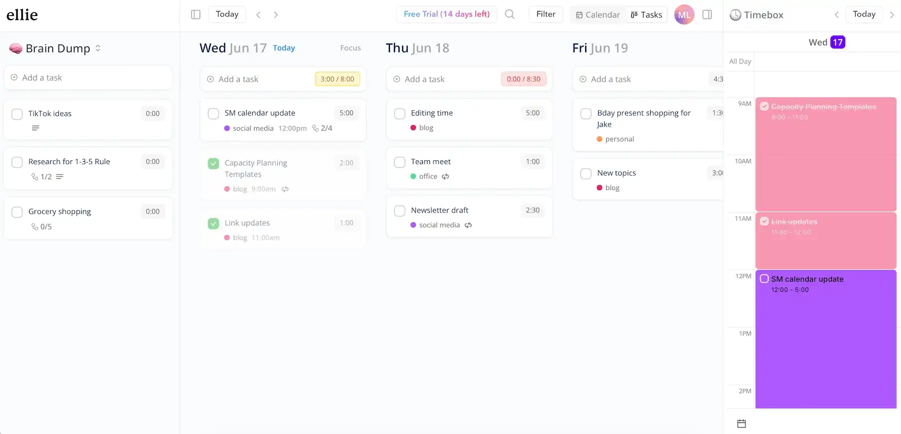 Ellie Planner's interface