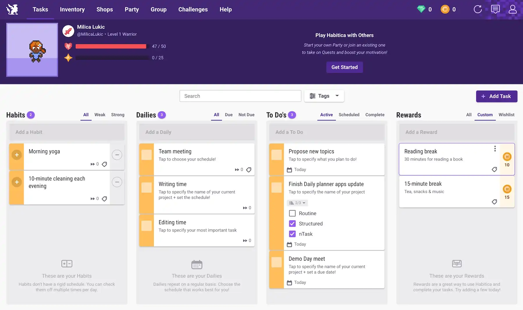 Habitica’s interface