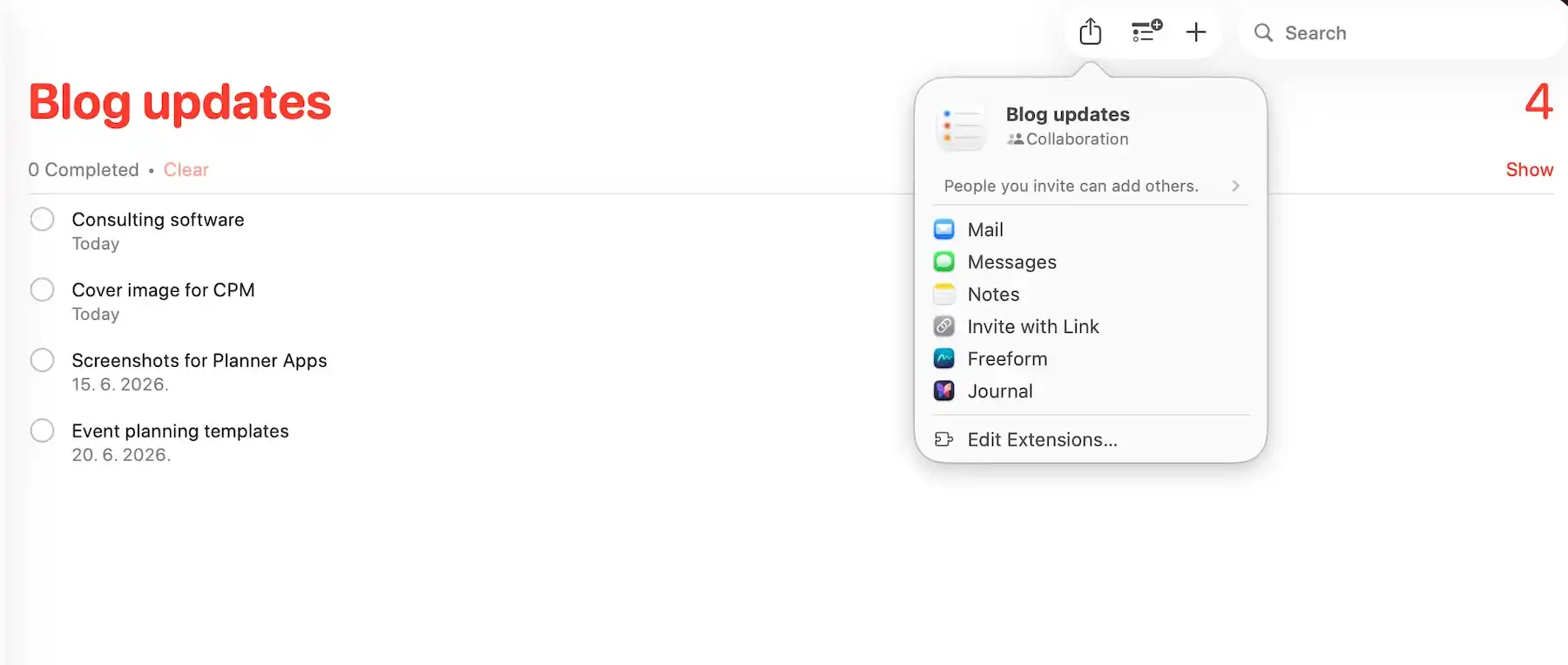 List sharing options in Apple Reminders