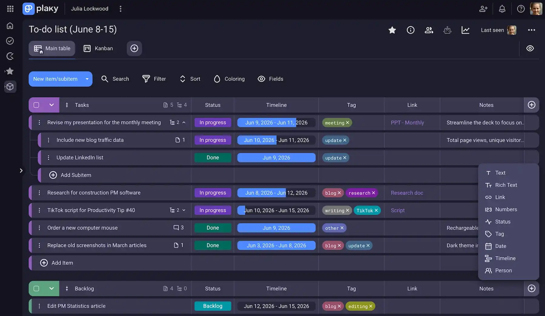 Custom fields and colors on a Plaky board