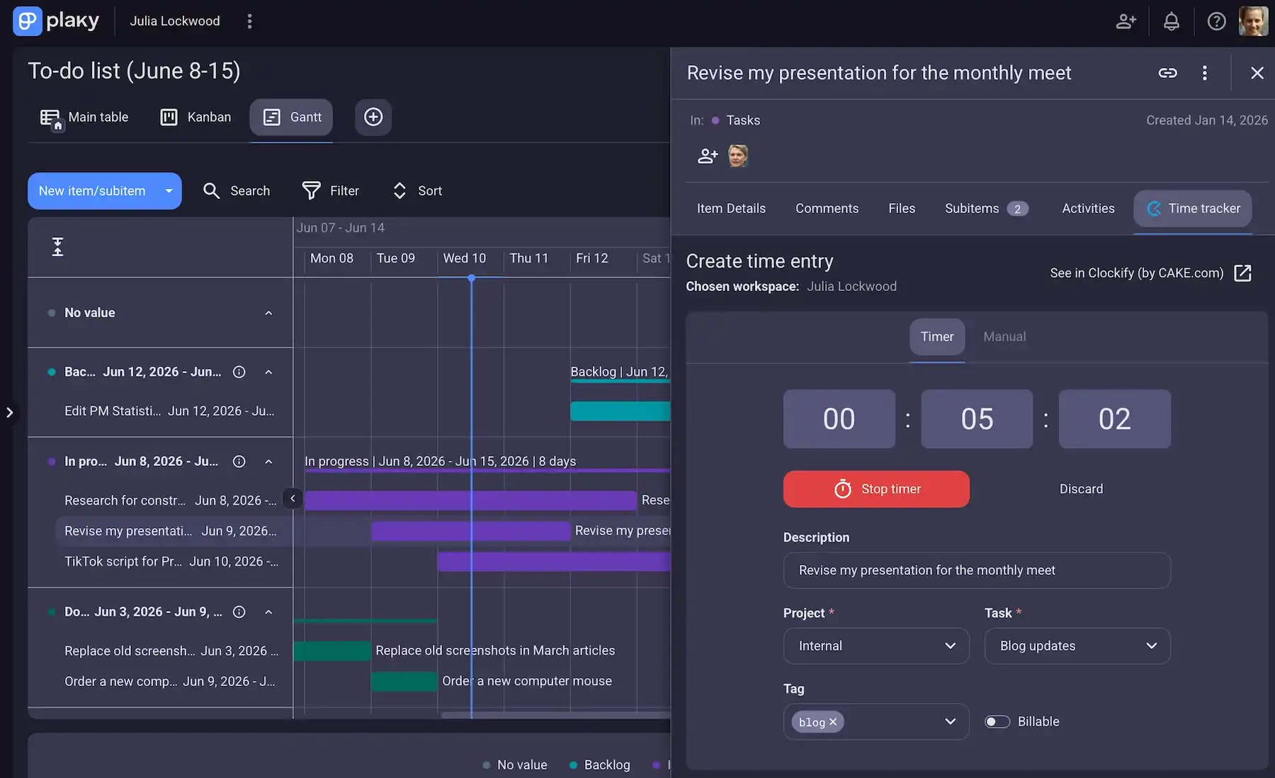 Time tracking and Gantt chart in Plaky