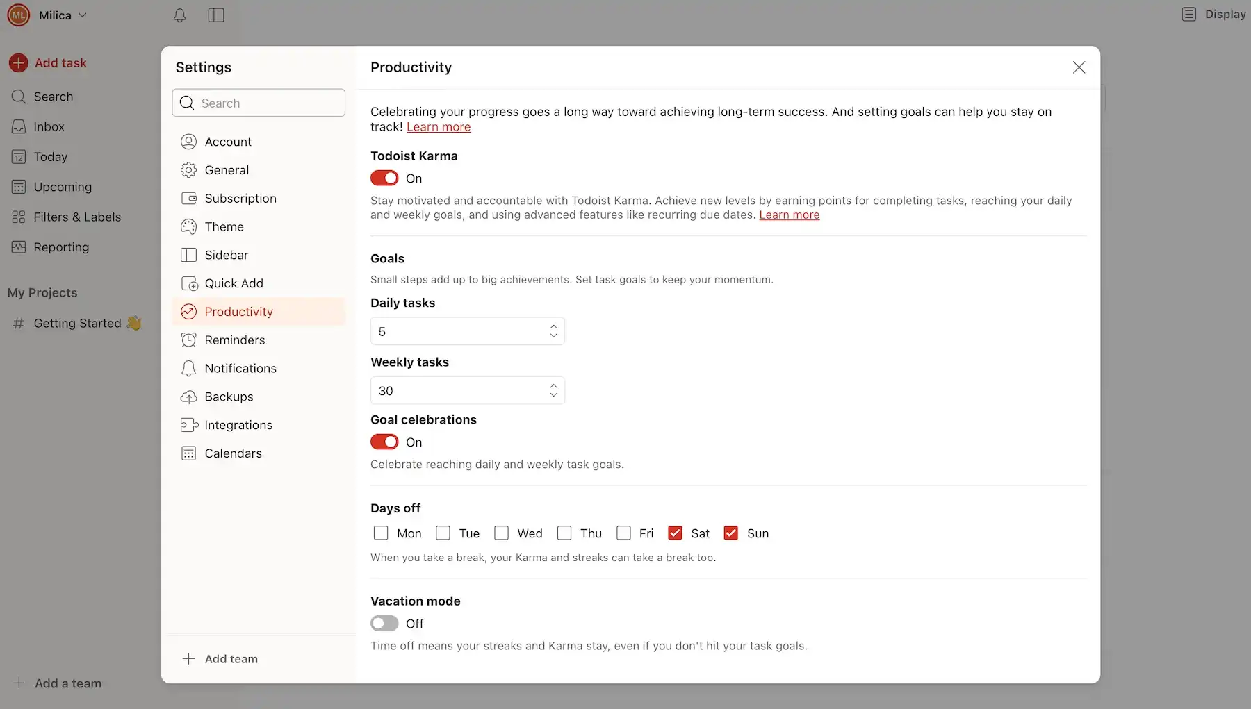 Setting productivity goals in Todoist