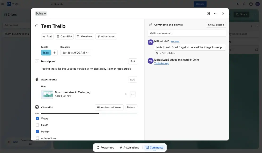 Task details in Trello
