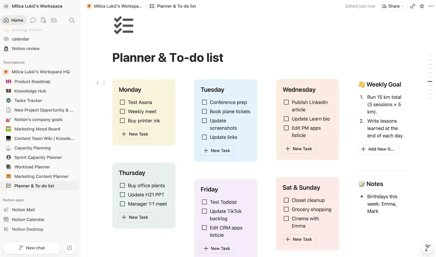 Tasks page in Notion