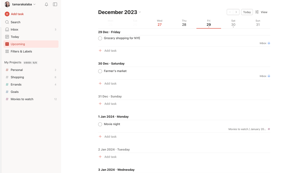 Todoist’s Upcoming section
