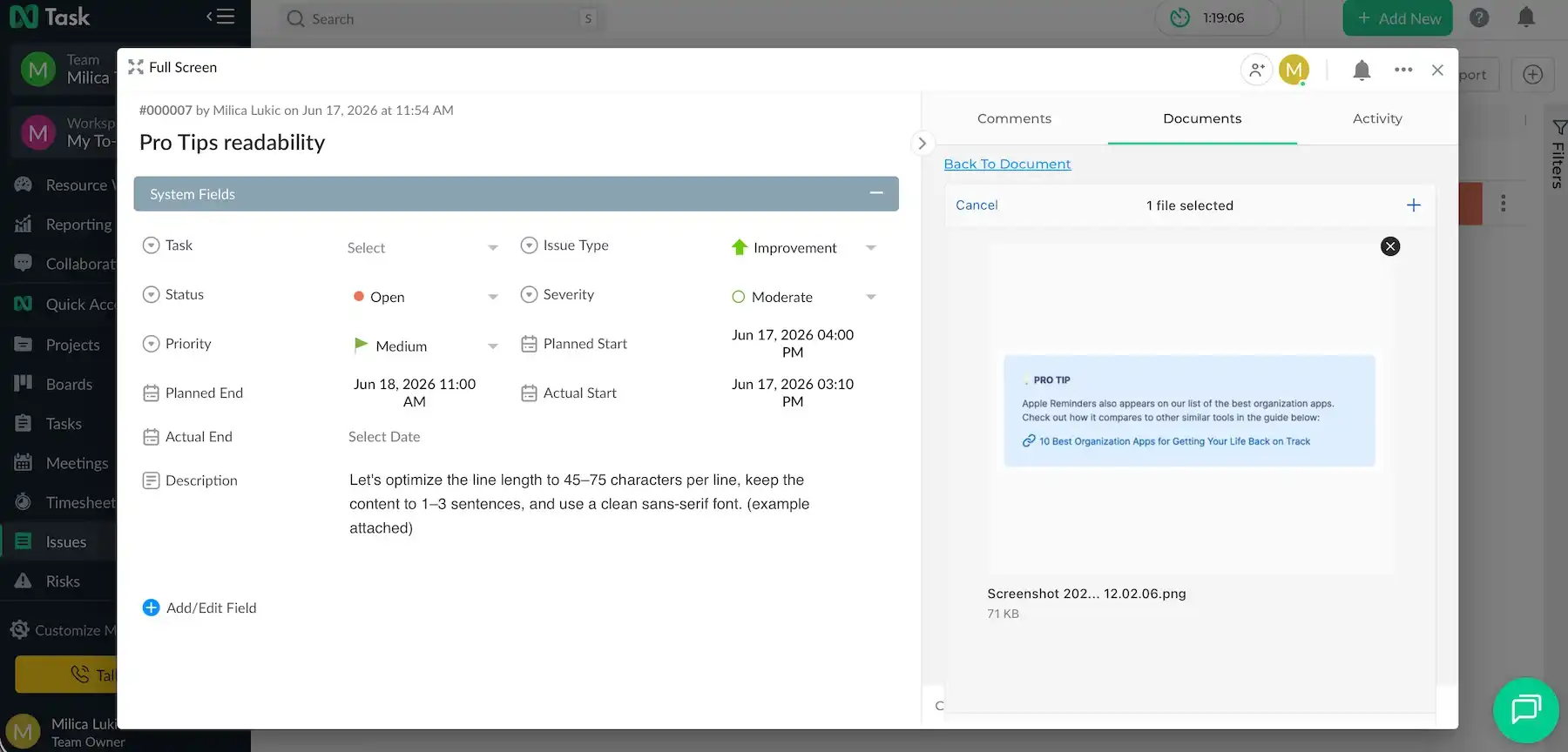 Tracking task issues in nTask